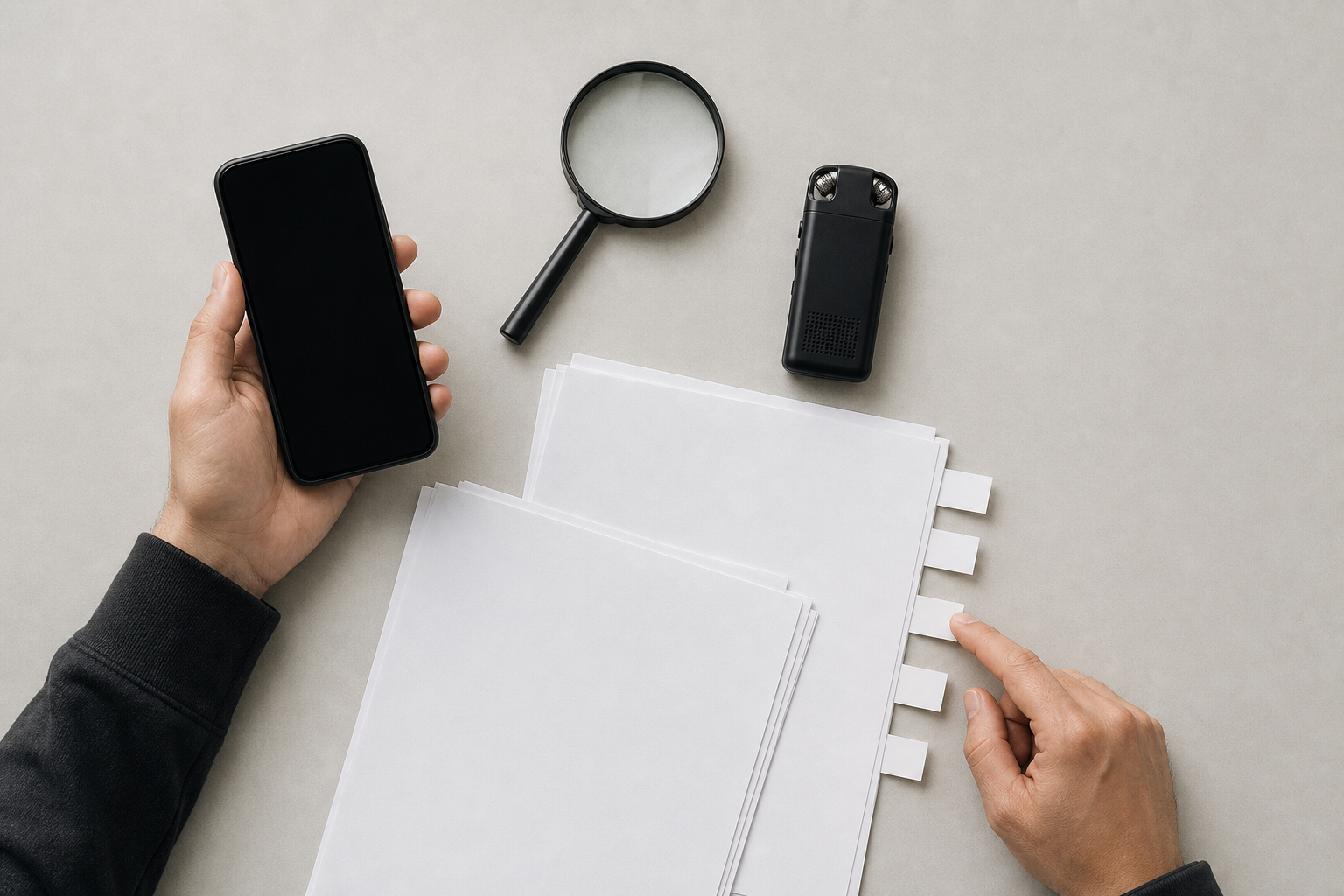 Two hands verify unmarked reports beside a blank smartphone, magnifying glass, and audio recorder.