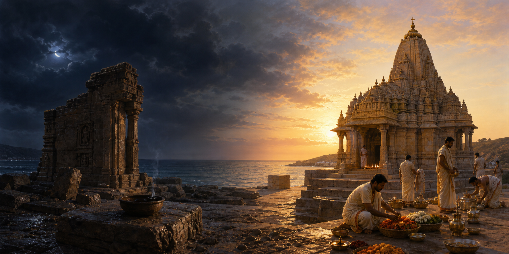 A symbolic two-part scene pairs a weathered temple fragment and extinguished lamp with a renewed sanctuary being prepared for consecration at dawn.