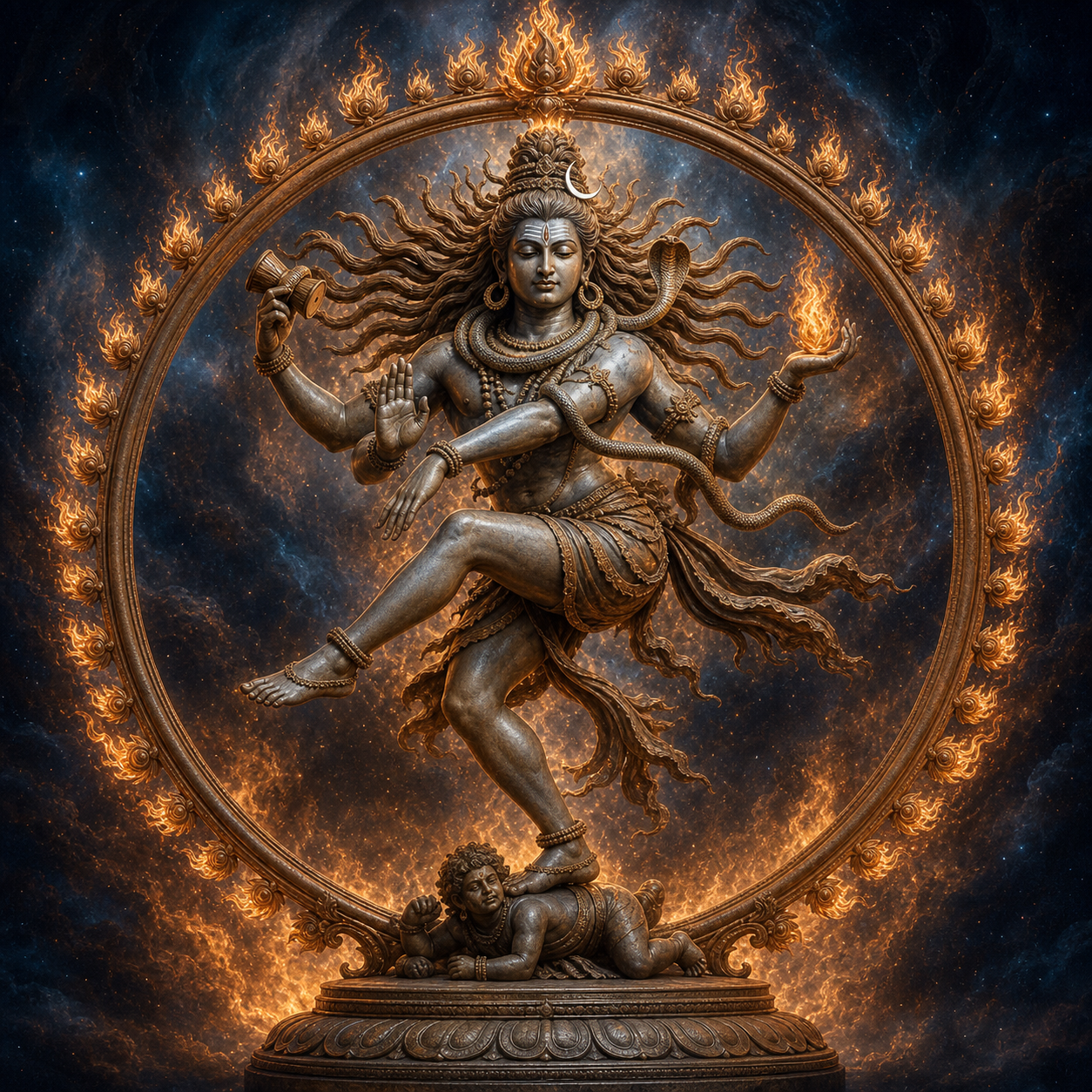 Shiva dances as Nataraja inside a ring of fire, holding a drum and flame while one foot rests on Apasmara and a cobra follows the curve of his body.