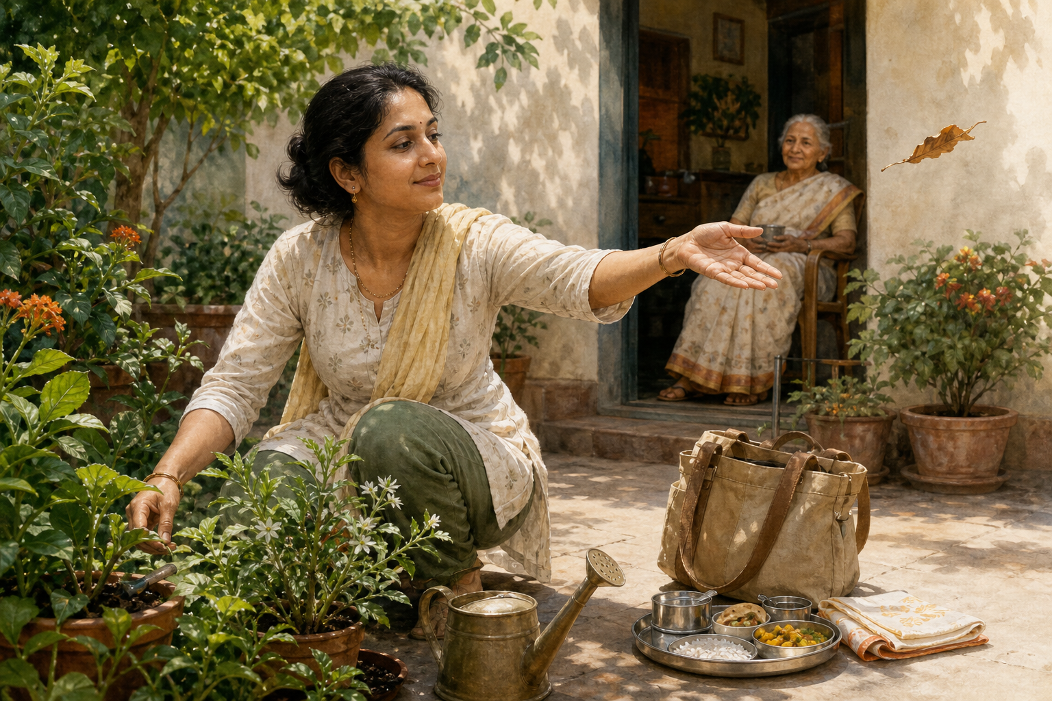 A woman releases a dry leaf while watering a courtyard garden and caring for an elderly relative nearby.