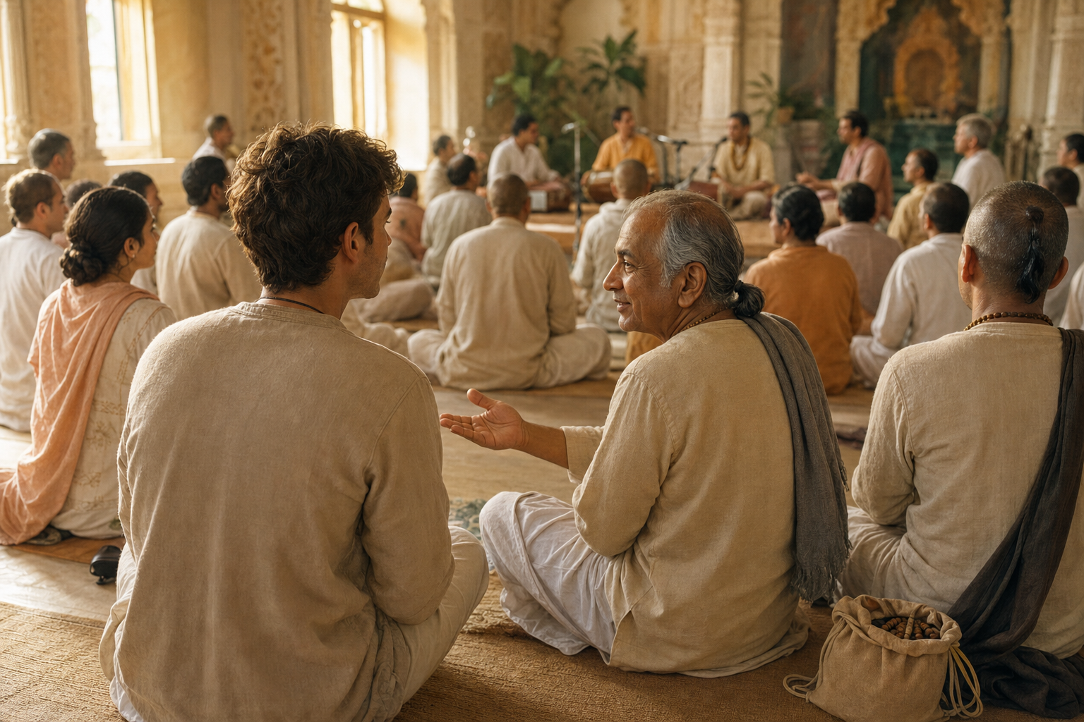 A seated first-time visitor attentively watches nearby devotees during a temple gathering as a community member offers a reassuring gesture.