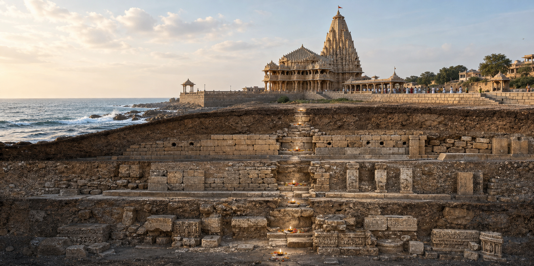 An archaeological cutaway shows old foundations, reused carved stones, repaired masonry, and the present Somnath Temple in layers beside a continuous pilgrim path.