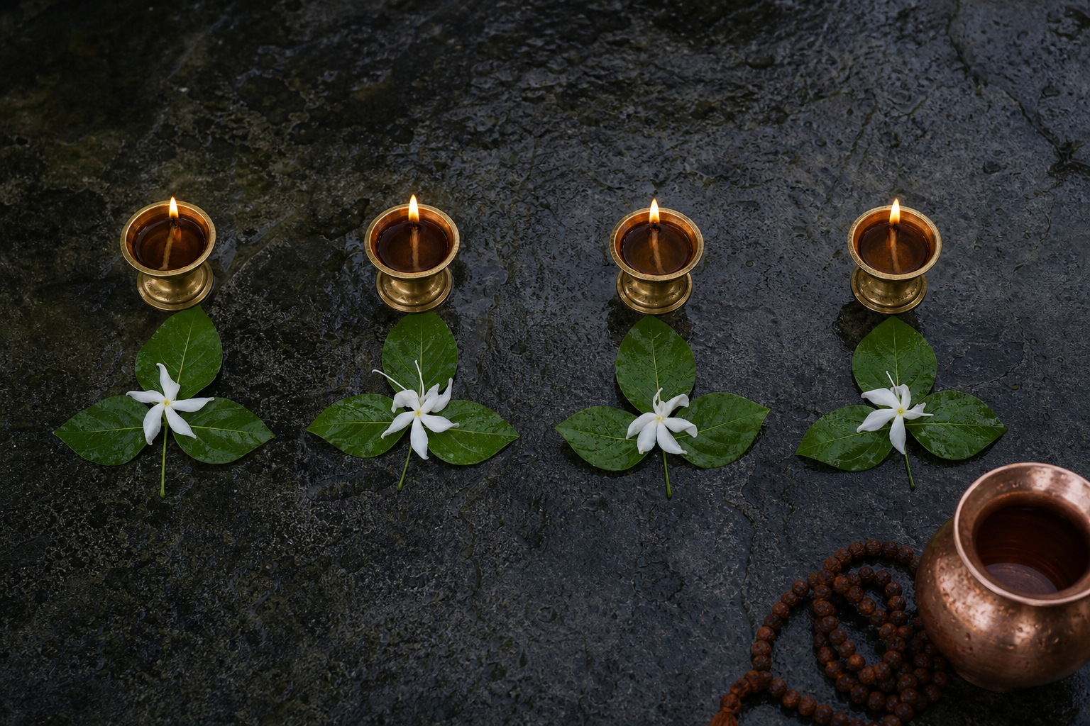 Four brass oil lamps and four groups of bilva leaves and flowers are arranged beside a copper vessel.