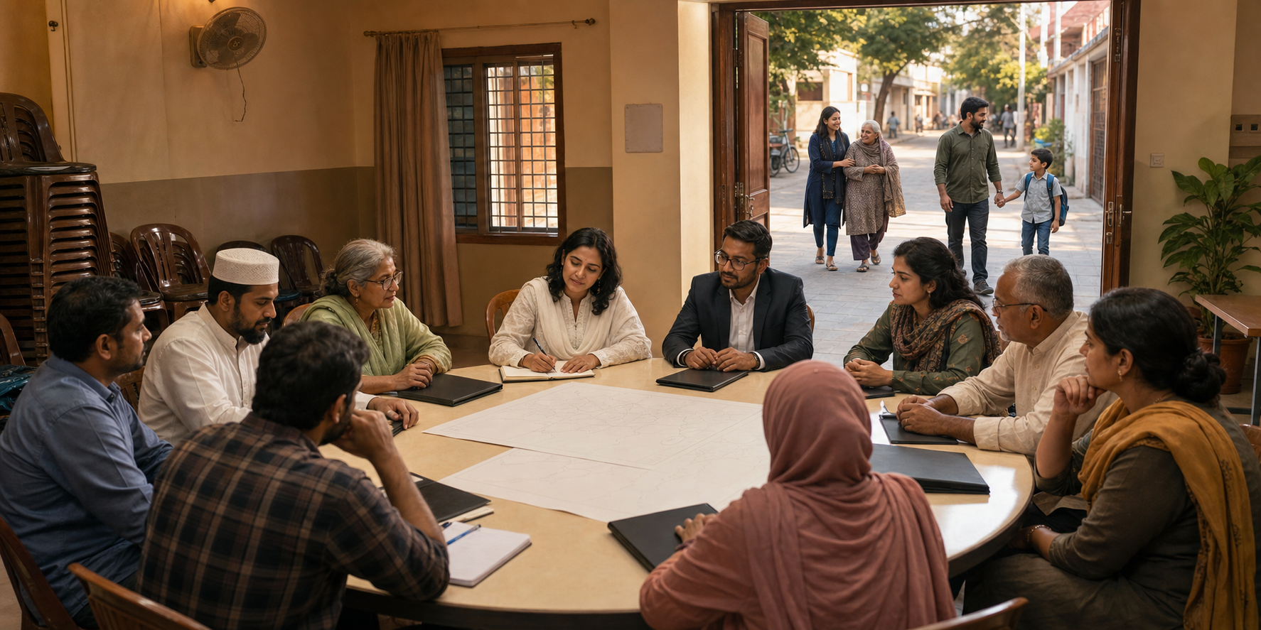 Community representatives meet around a table while volunteers accompany residents along a well-lit street outside.