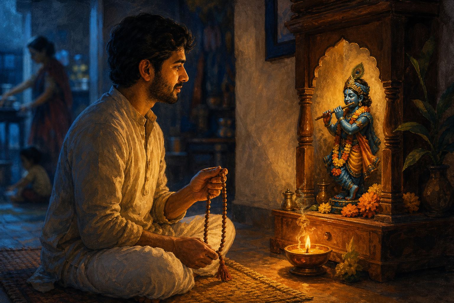 A seated practitioner uses wooden prayer beads while focusing on a small flute-playing devotional figure illuminated by an oil lamp.