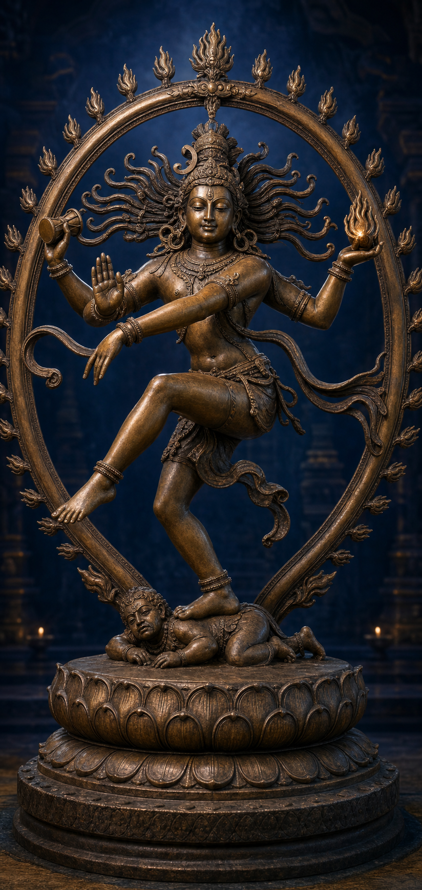 A low-angle view of Nataraja rises from the pedestal and Apasmara beneath Shiva's right foot to the lifted leg, four arms, flying hair, and ring of fire.