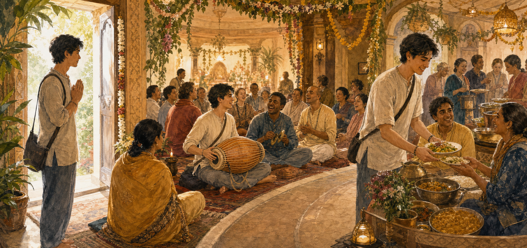 A panoramic illustration shows a newcomer entering a temple, joining kirtan, and helping serve vegetarian prasadam during one visit.