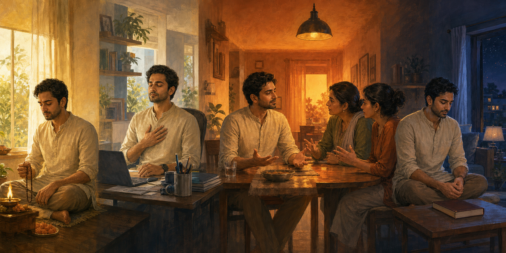 Four connected scenes show the same person praying at dawn, pausing at work, listening calmly during an evening disagreement, and reflecting at night.