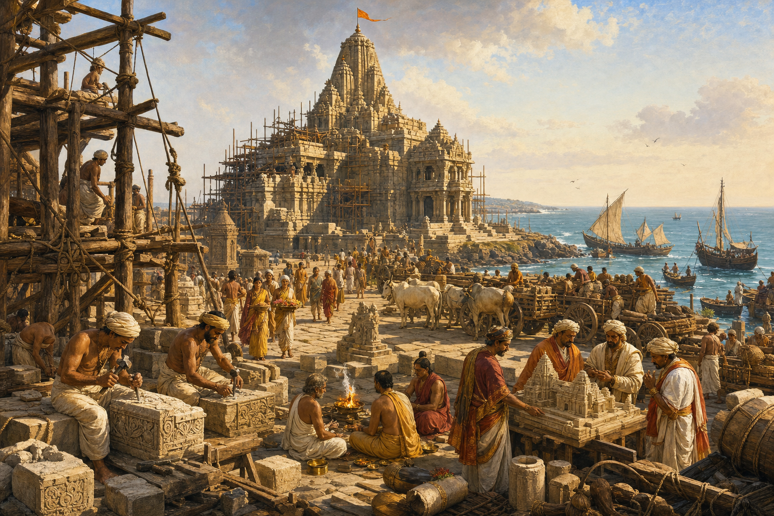 Priests, pilgrims, stone carvers, community patrons, carts, and sailing vessels gather around a temple under reconstruction on the Somnath coast.
