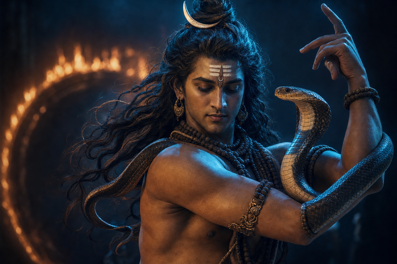 A calm cobra coils around Shiva's arm and shoulder as his powerful torso turns fluidly in the dance.