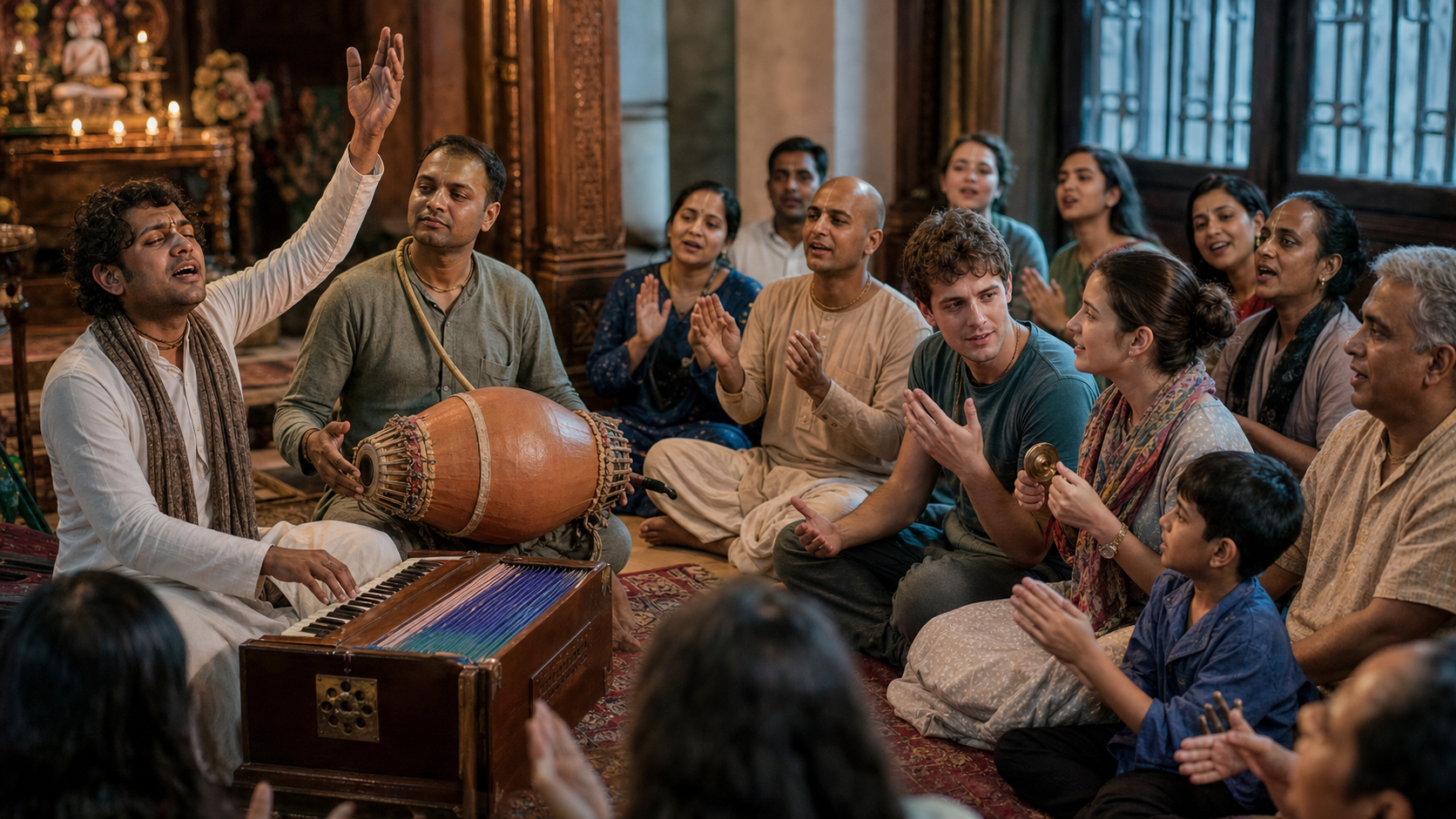 A kirtan leader and musicians face a semicircle of worshippers who respond together by singing and clapping.