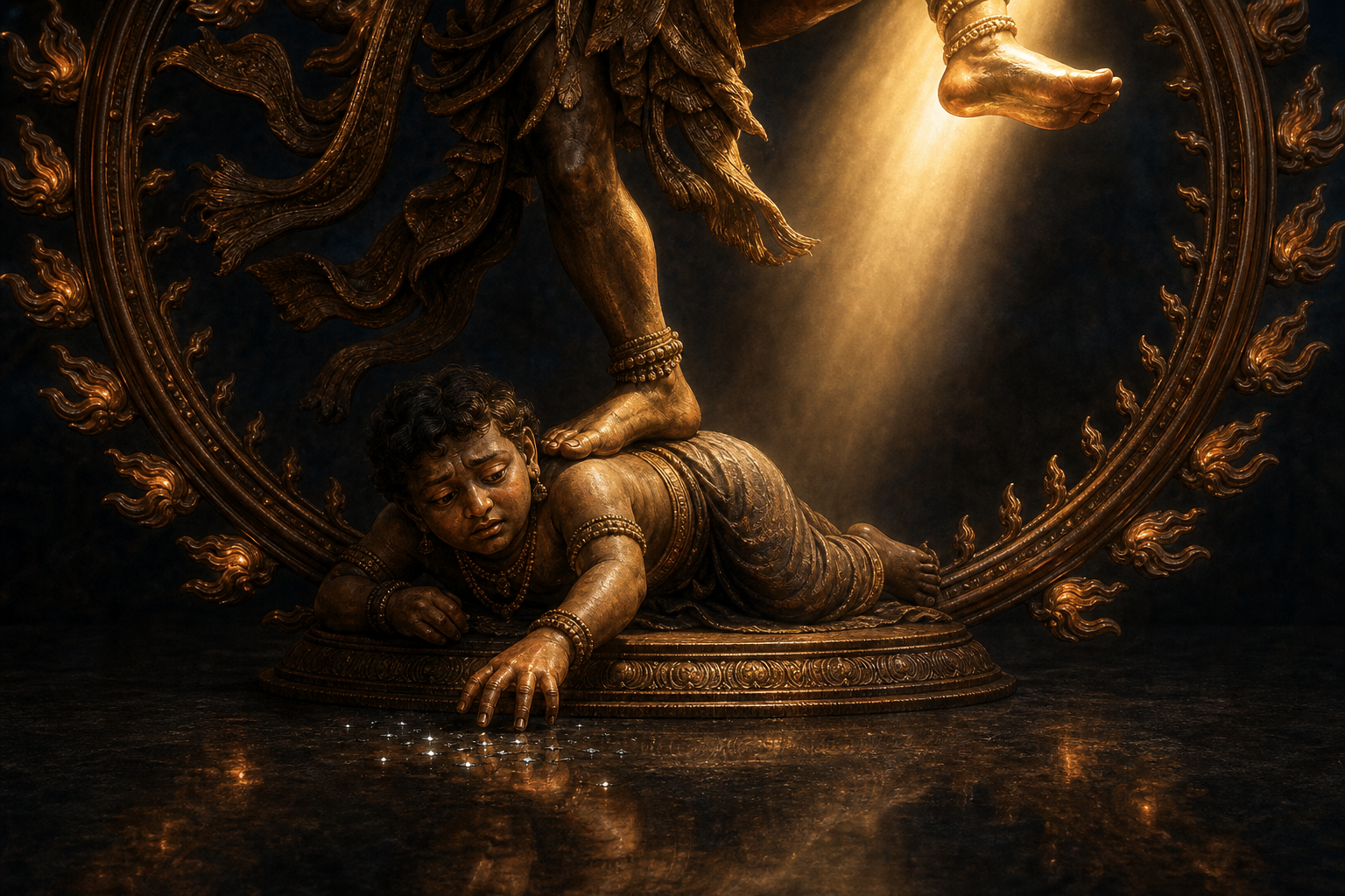 Apasmara lies beneath Shiva's steady foot while the illuminated raised foot of Nataraja appears above a dark reflective floor.