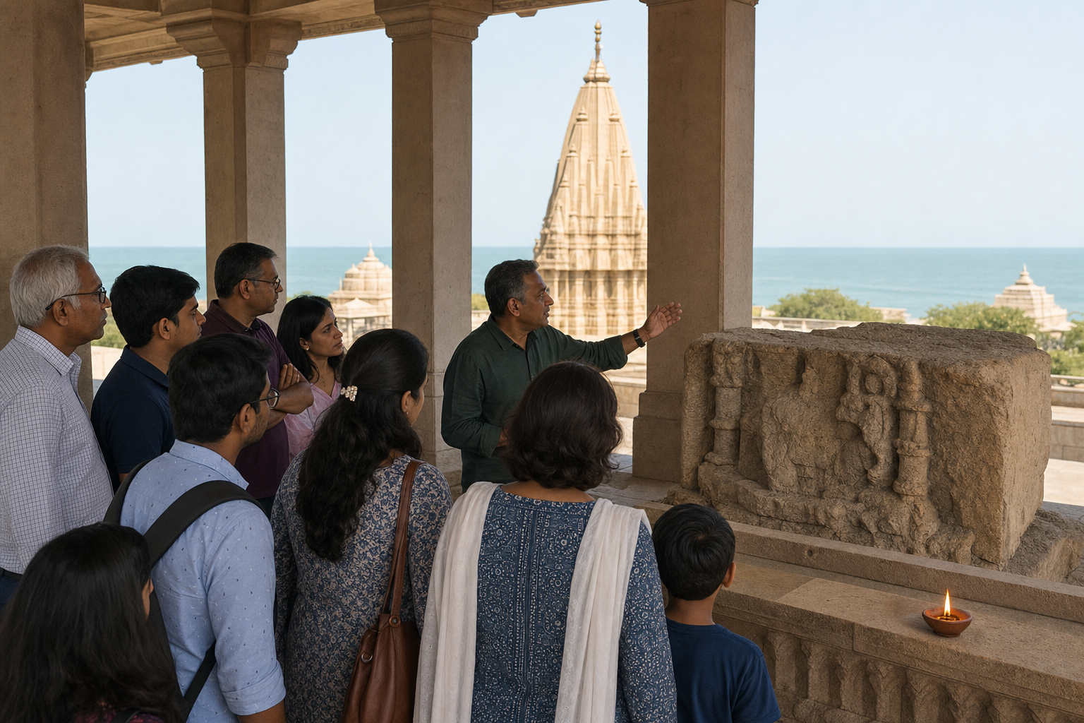 A multigenerational group listens to an educator beside a preserved carved stone fragment, with Somnath Temple and the Arabian Sea visible beyond a colonnade.