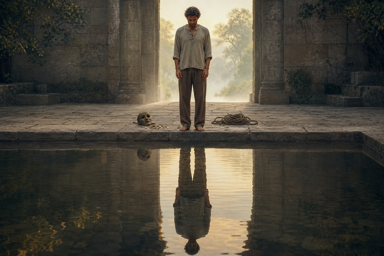 A seeker looks into a still reflective pool while a mask, coins, and a loose rope lie behind them near a sunlit passage.