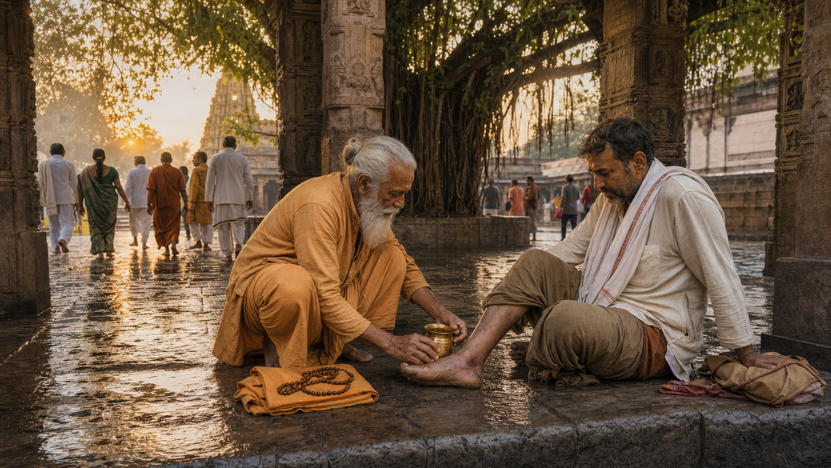 An elderly sadhu in simple ochre robes tends an exhausted pilgrim's injured foot and offers water in a rain-wet temple courtyard.