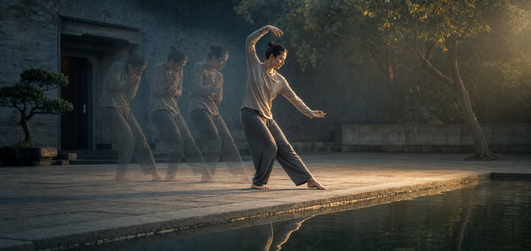 A barefoot person moves from a faint tense posture into a clear, balanced stance with one arm curved gracefully in a dawn courtyard.