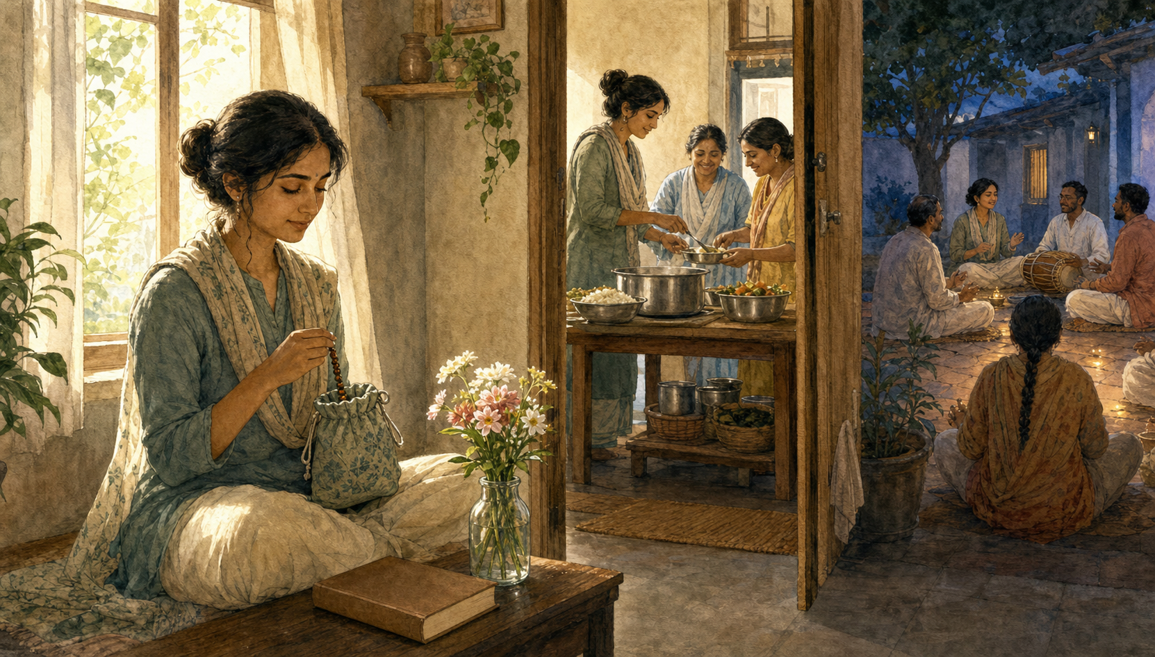 A practitioner uses prayer beads at home while community meal preparation and an evening kirtan appear in adjoining spaces.