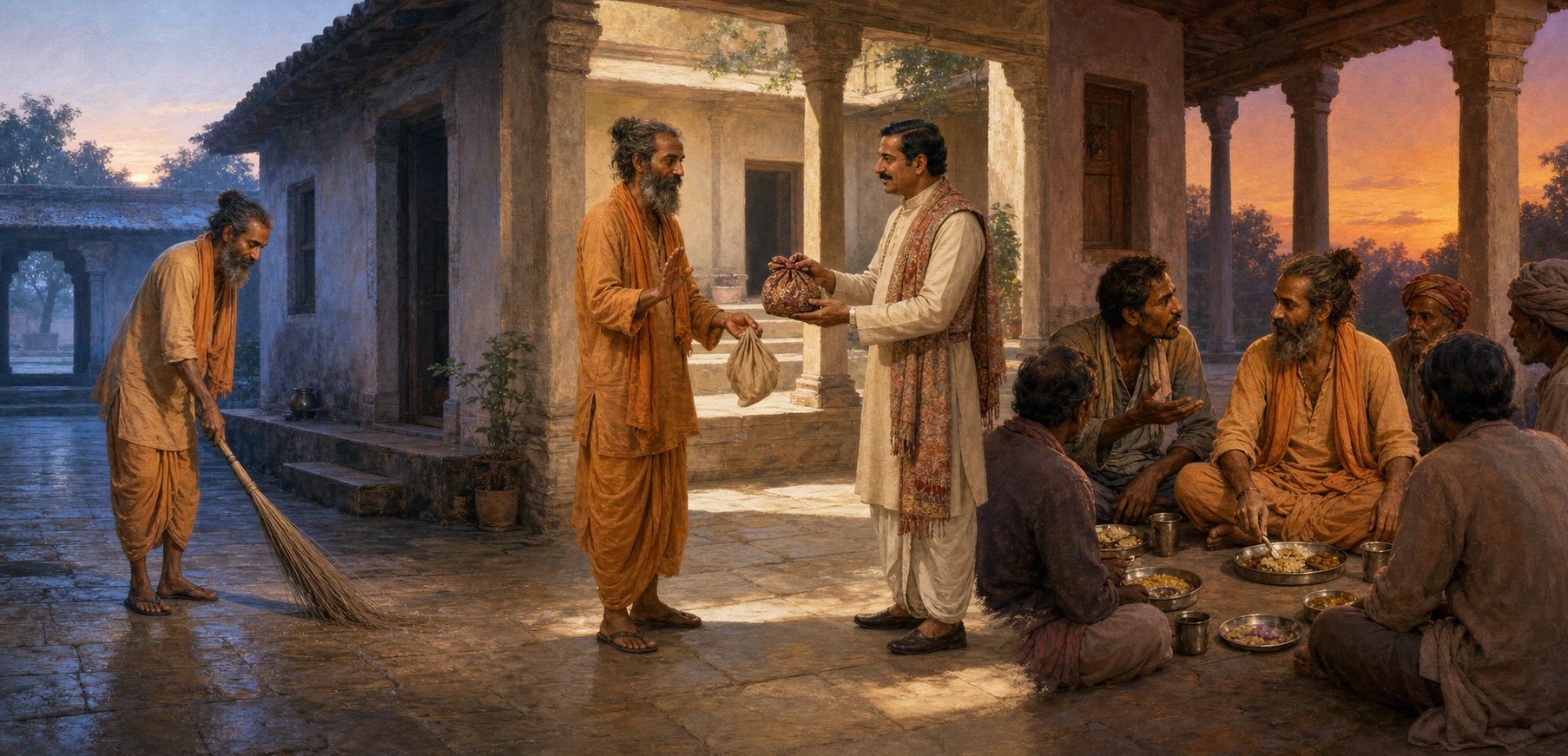 A three-part illustration shows the same sadhu sweeping alone, returning a pouch and declining a gift, and calmly listening to a worker while sharing food.