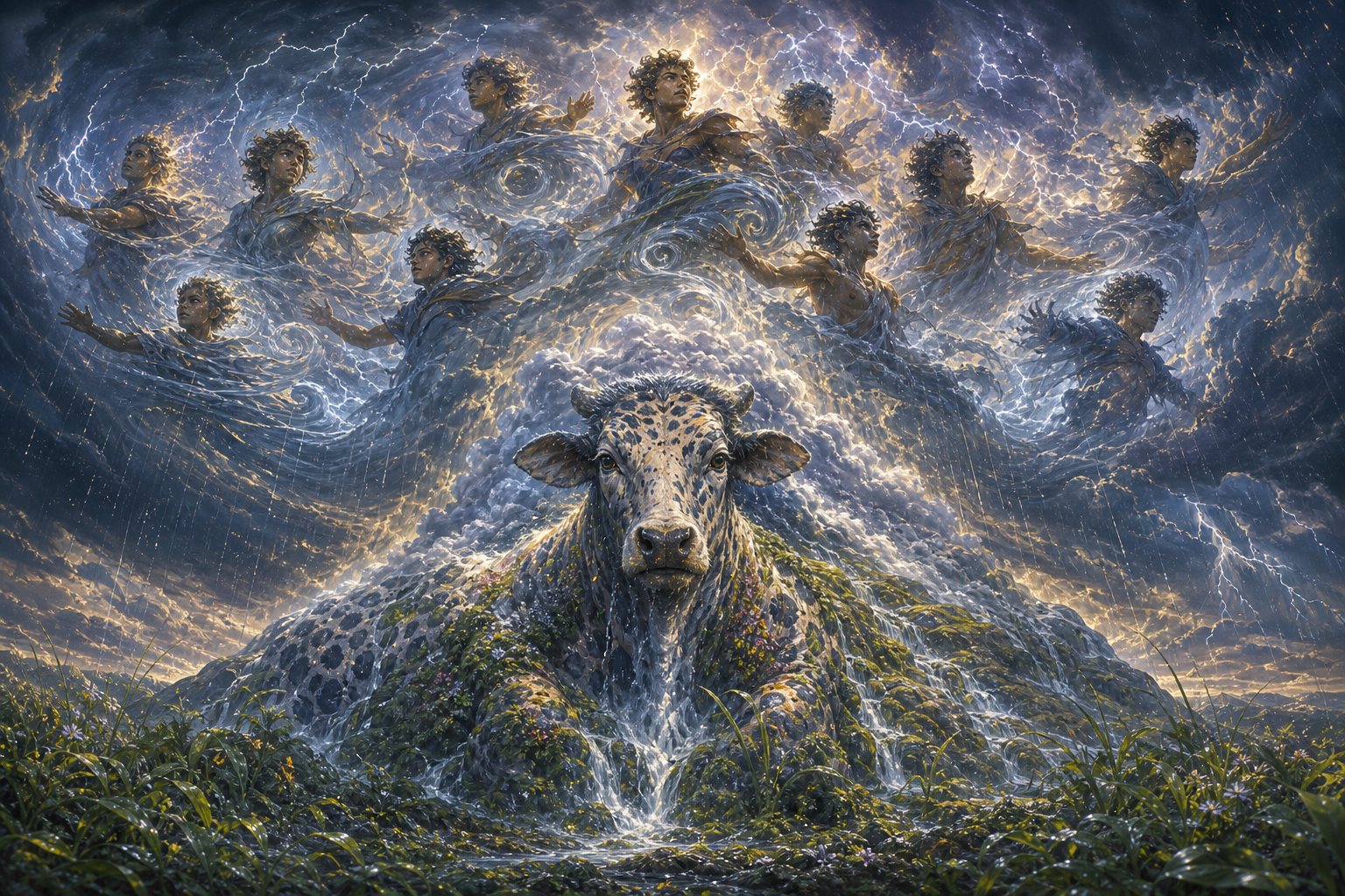 A speckled maternal figure blending cow, earth, and cloud is surrounded by a coordinated host of youthful storm figures amid wind, lightning, rain, and growing plants.