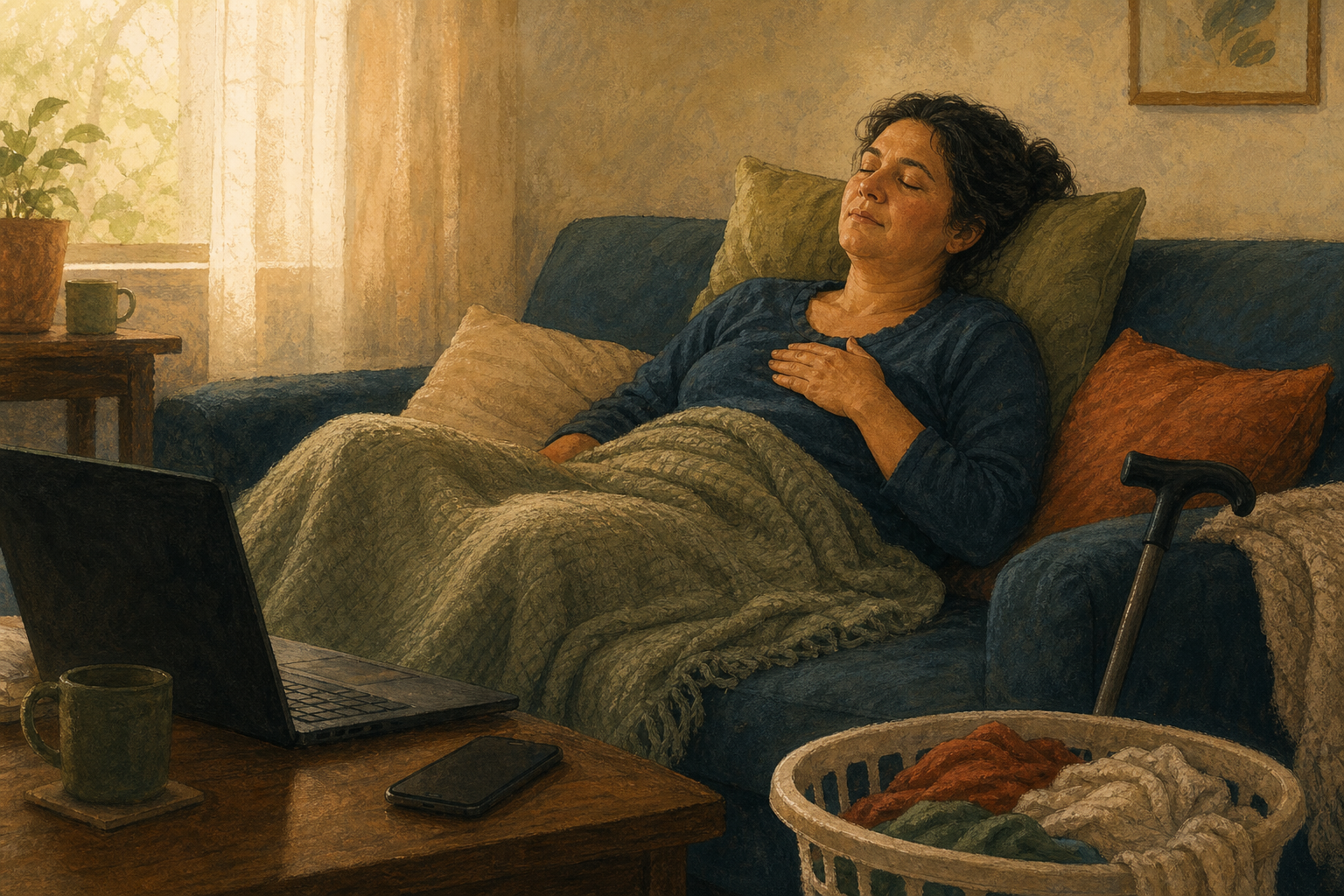 An exhausted adult rests under a blanket on a pillow-supported sofa while a laptop, phone, laundry basket, and mobility cane sit nearby.