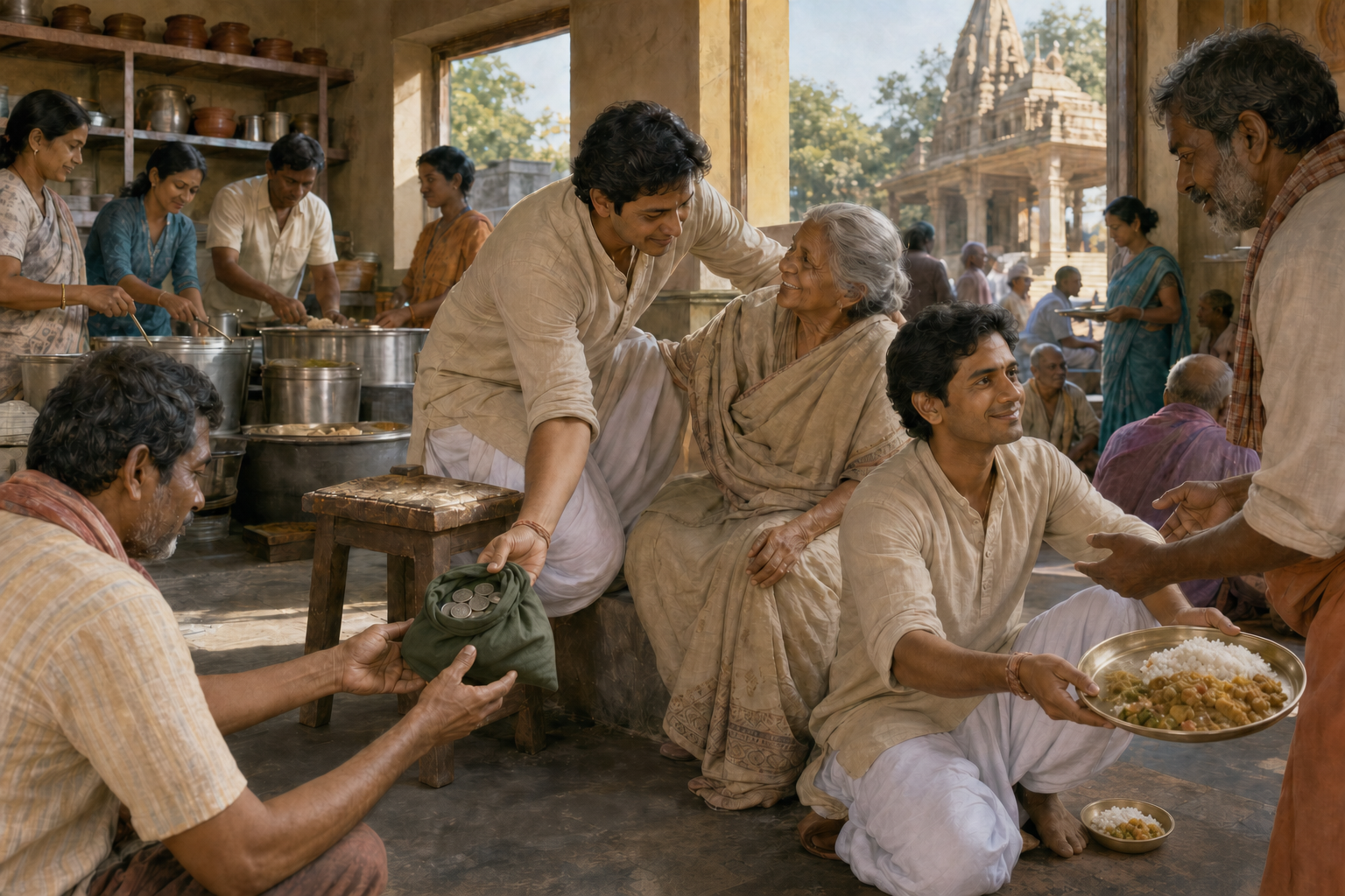A devotee in a community kitchen helps an elderly guest, returns a dropped money pouch, and gives another person the last full meal plate.