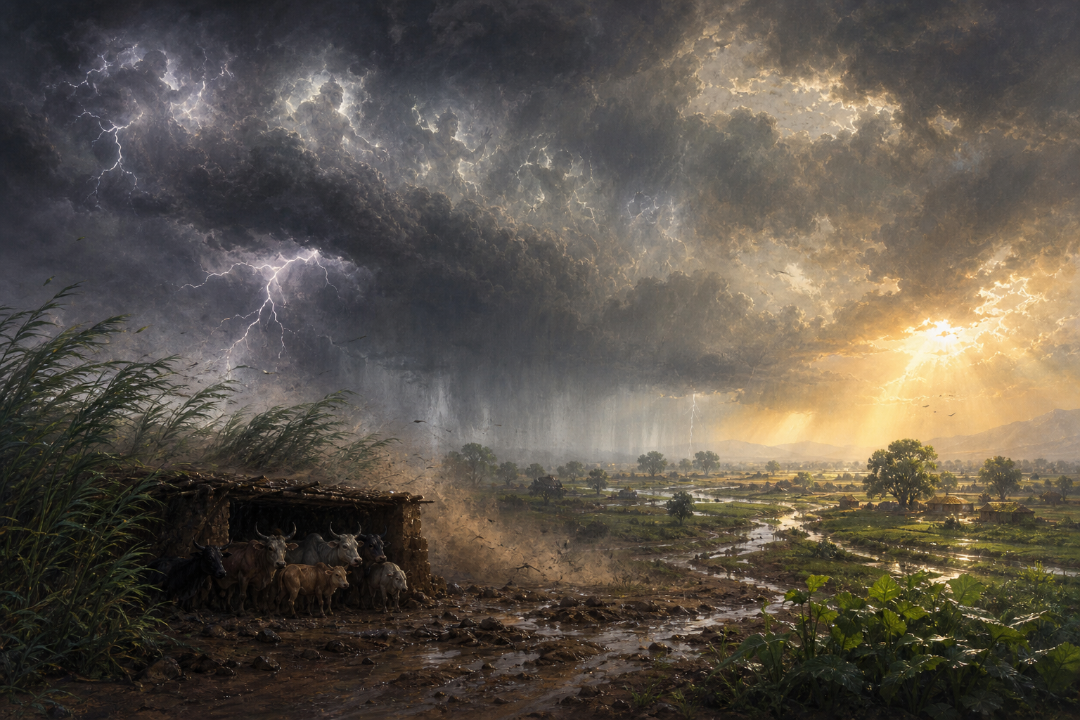 Lightning and fierce wind sweep over cattle and bent grasses while rain from the same storm fills channels and revives vegetation across the landscape.