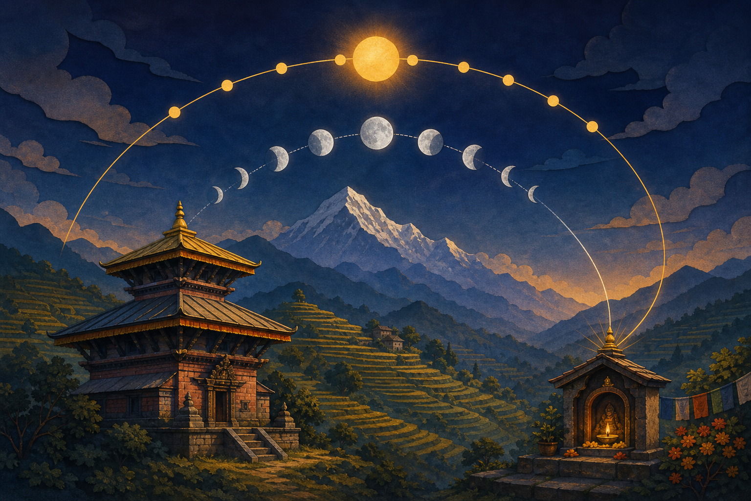 A sun and a crescent moon follow separate paths above a Nepalese temple roof and terraced hills.