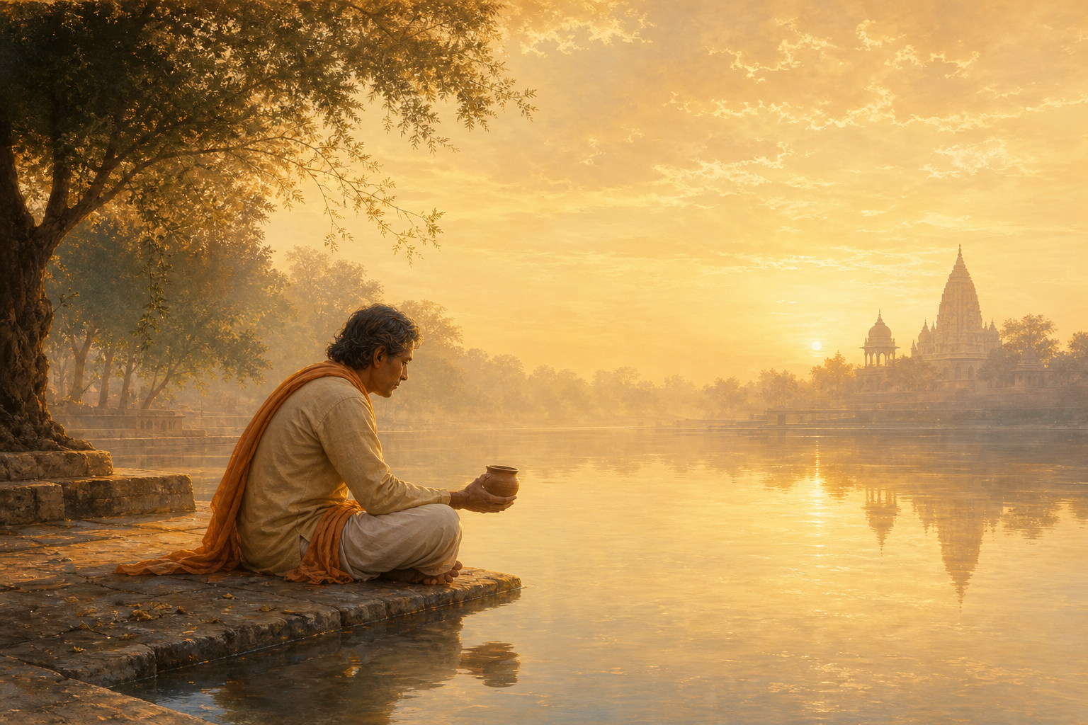A seated person holds a clay cup beside a river as the landscape and its reflections merge subtly into warm dawn light.