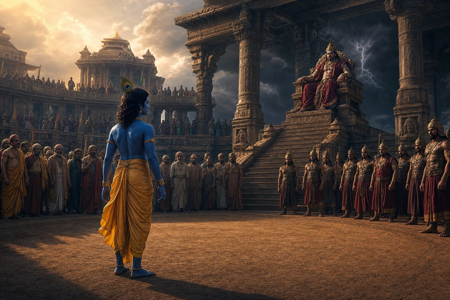 Krishna stands calmly in the arena at Mathura while the fearful King Kamsa watches from a shadowed throne above.