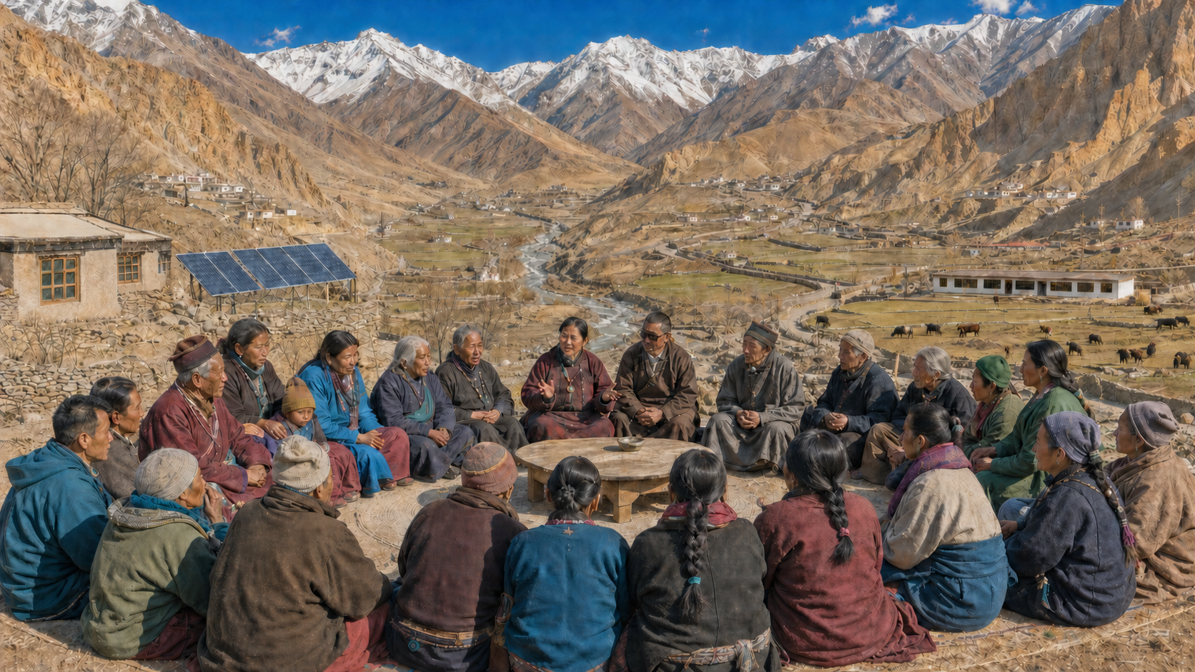 Residents gather around a table in a Ladakh valley, with mountain settlements, roads, a school, a clinic, water infrastructure and solar panels in the background.