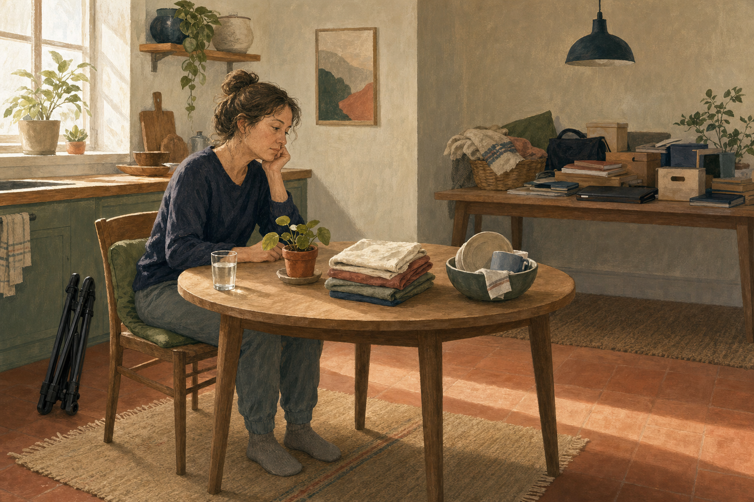 A fatigued adult sits at a kitchen table with a few manageable tasks nearby while a larger group of household and work items remains set aside.