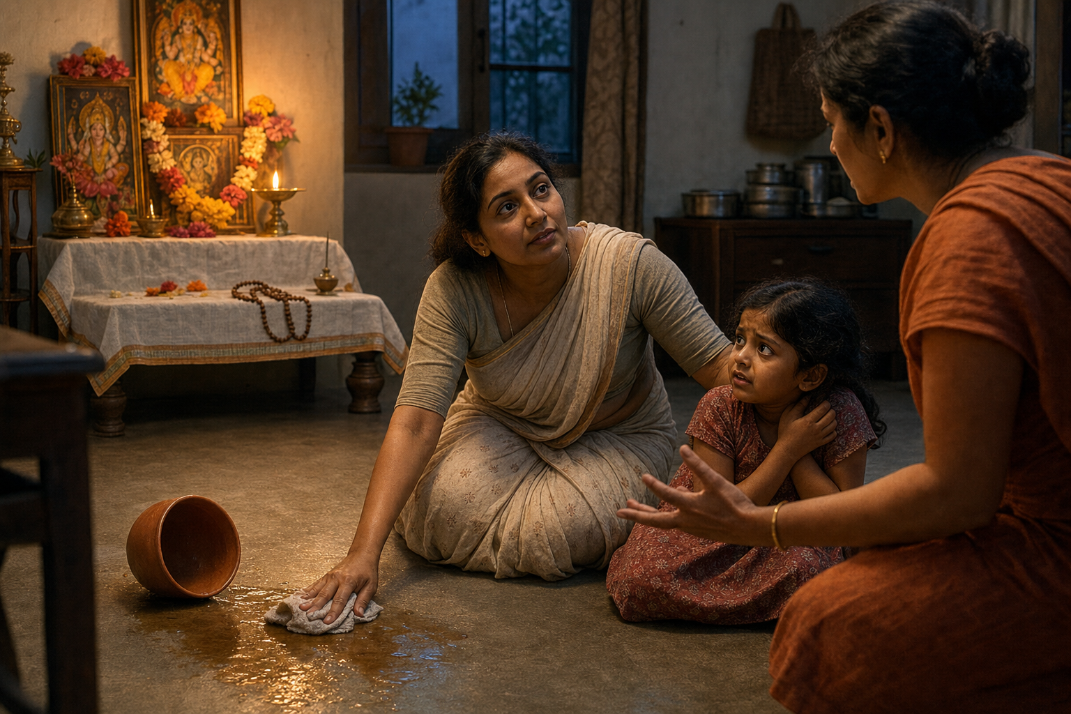 A devotee pauses evening worship to clean a spill, comfort a frightened child, and calmly listen to a frustrated family member.
