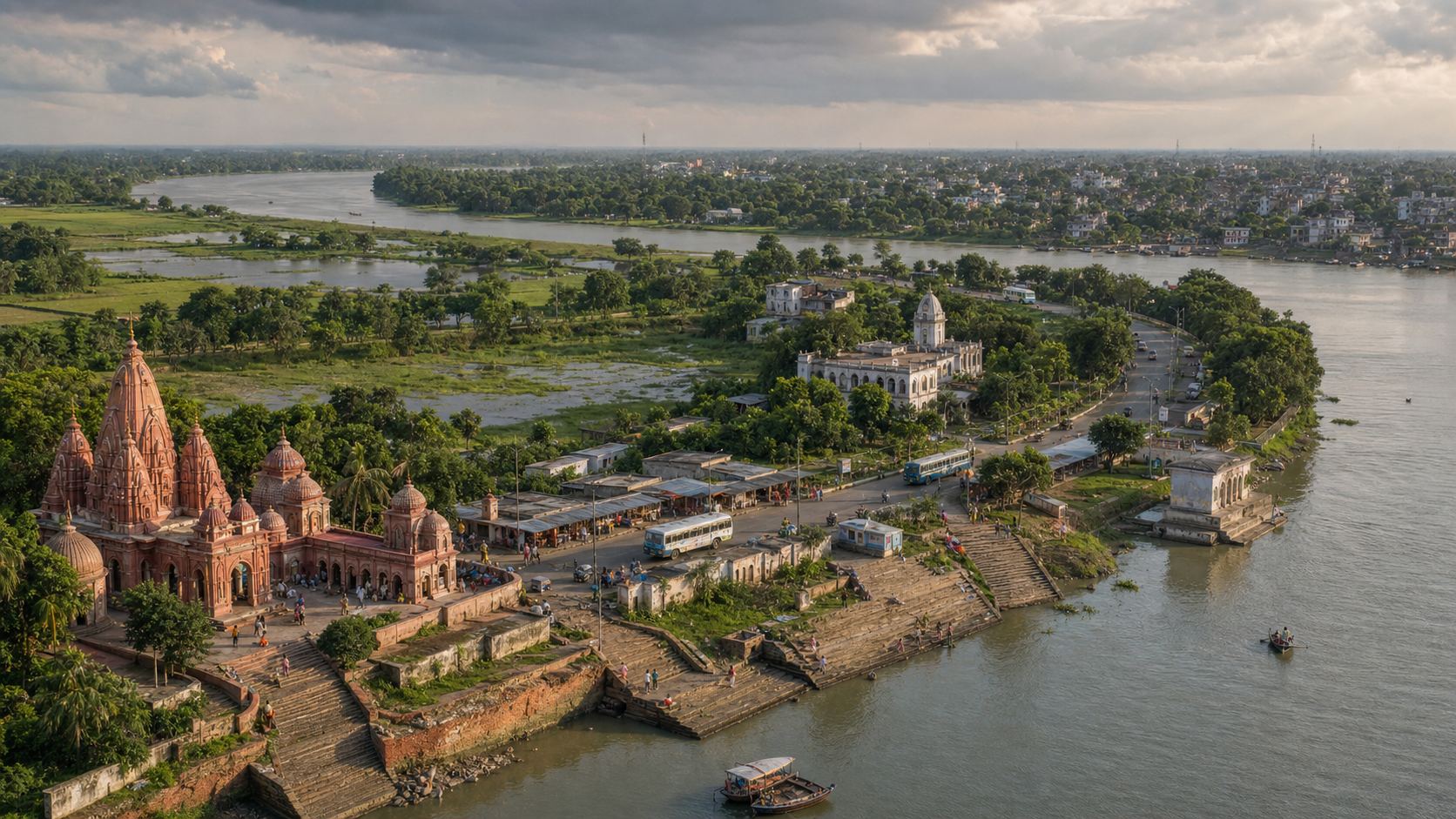 A river, road, temples, an ashram, ghats, villages, pilgrims, residents, and public facilities form a connected sacred landscape in West Bengal.