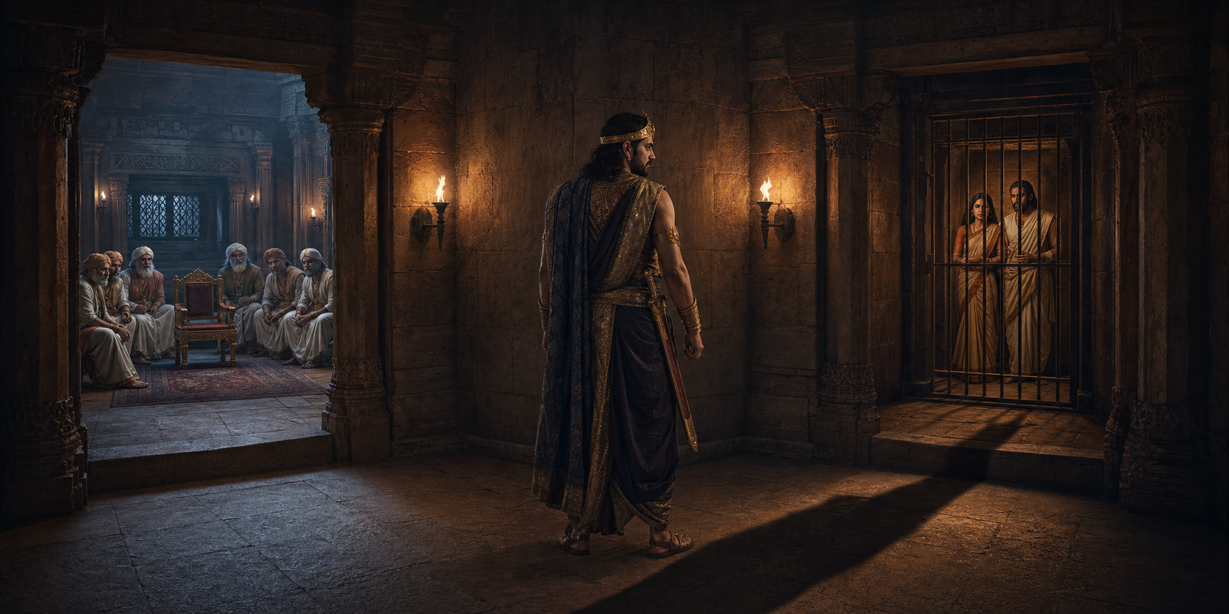A fearful Kamsa pauses between a council chamber and the prison where Devaki and Vasudeva wait behind bars.