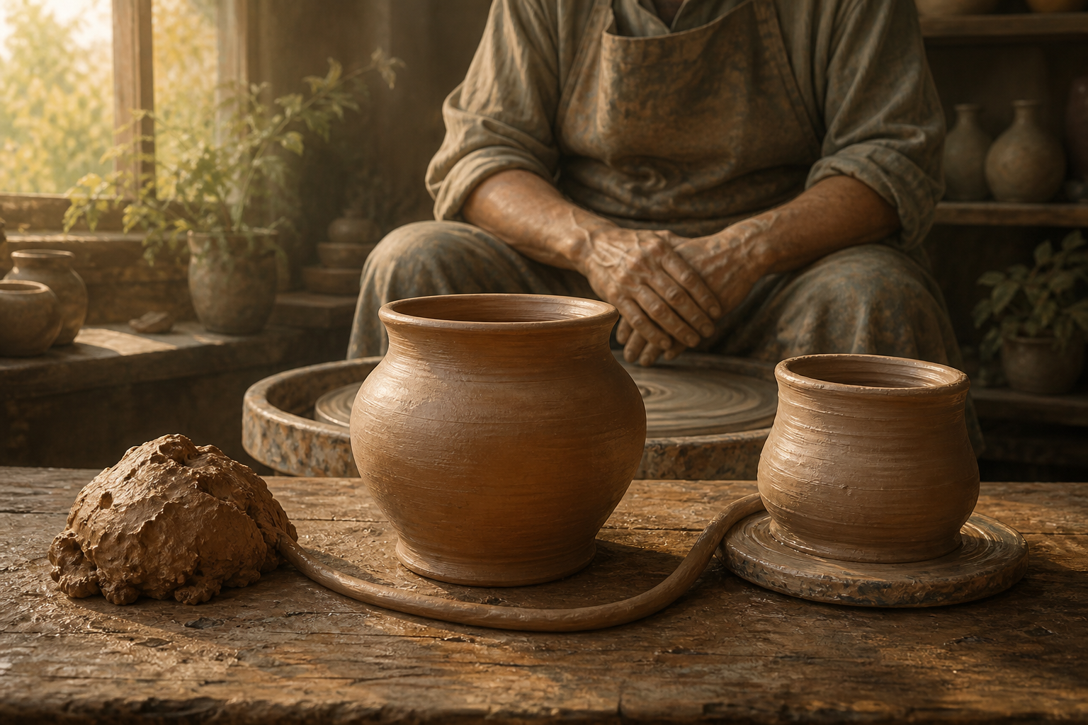 Raw clay, a partly shaped vessel, and a finished pot rest together on a potter's workbench.