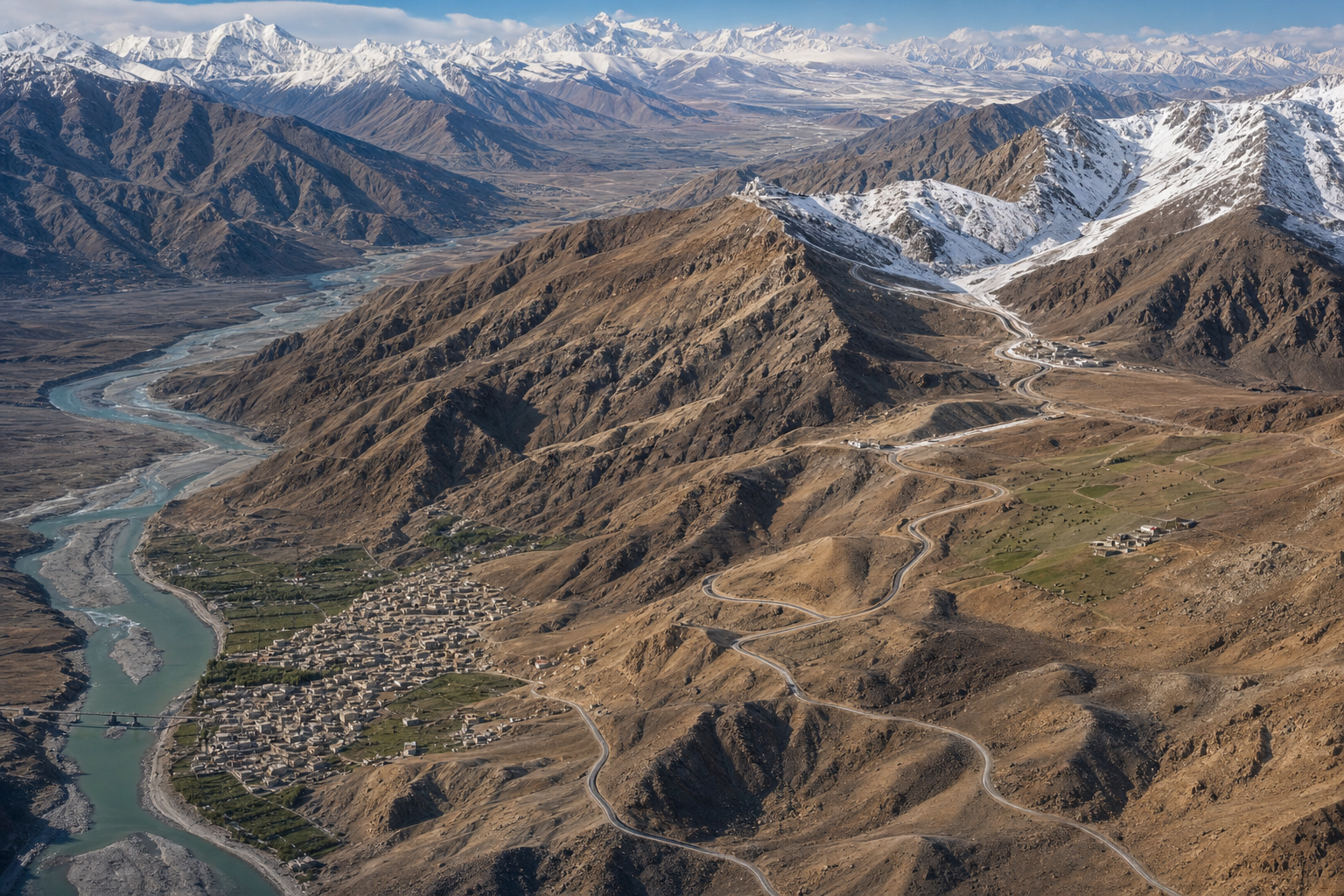 An aerial view shows remote Ladakh settlements separated by river valleys, mountain ridges, passes and winding roads.
