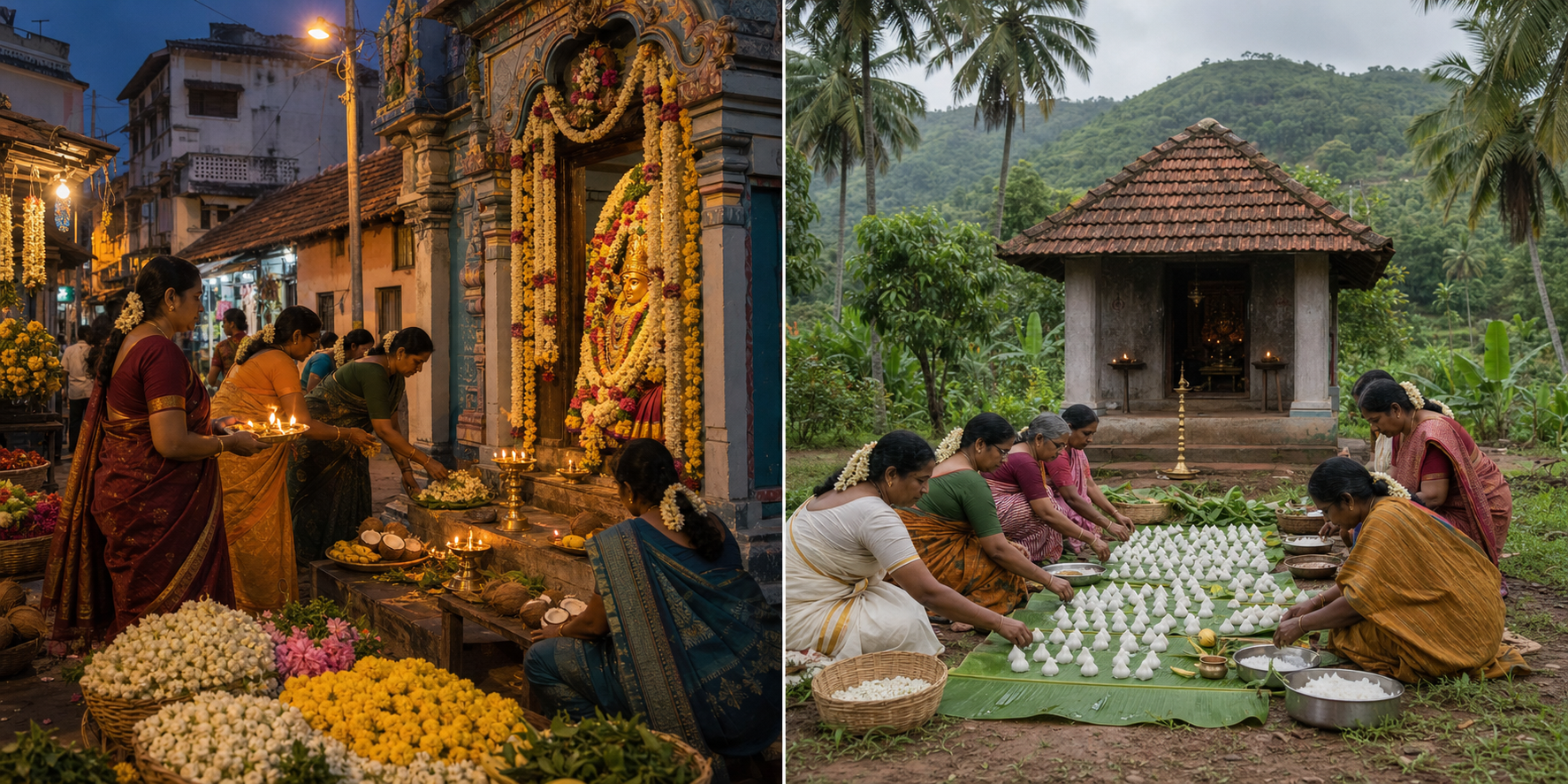A diptych shows women offering lamps at an urban Amman shrine and women arranging rice-flour dumplings at a rural temple.