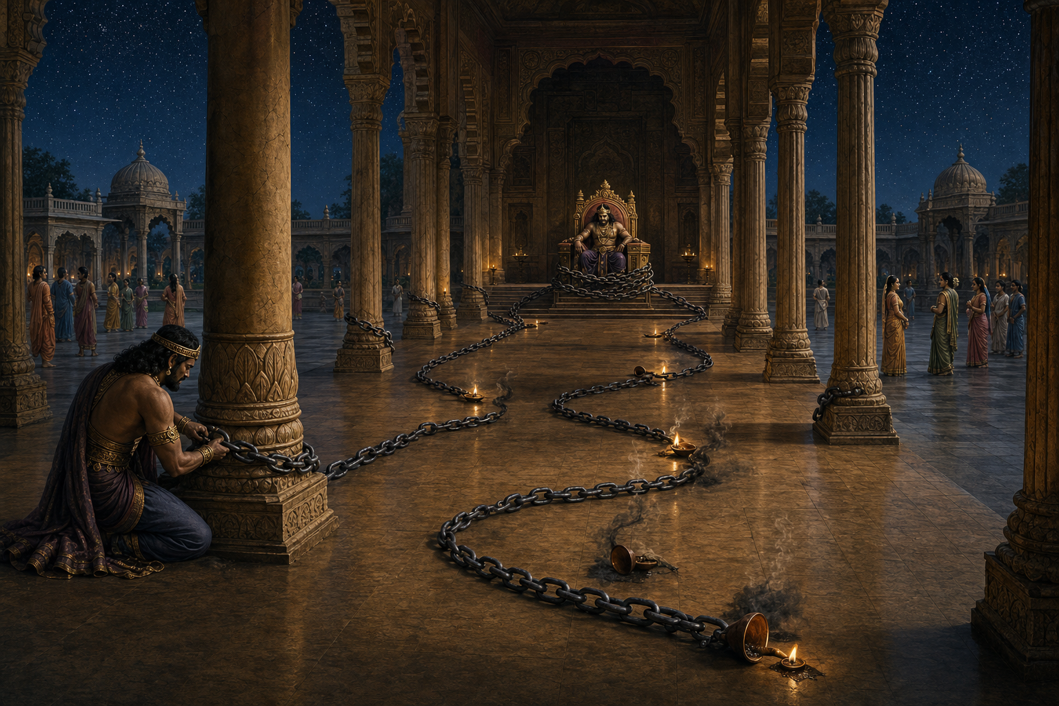 A chain fastened by Kamsa winds through his palace and coils around his own throne as extinguished lamps darken the hall.