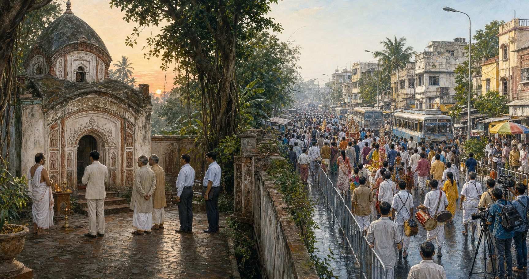 A quiet shrine ceremony with an anonymous official is contrasted with a large pilgrimage procession through a Bengal town.