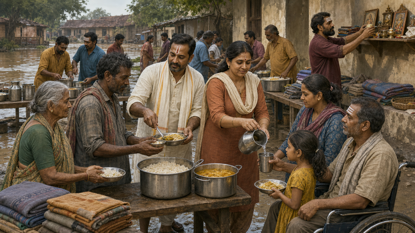 Hindu practitioners with varied traditional clothing and forehead markings work together to distribute food, water, and blankets fairly after a flood.