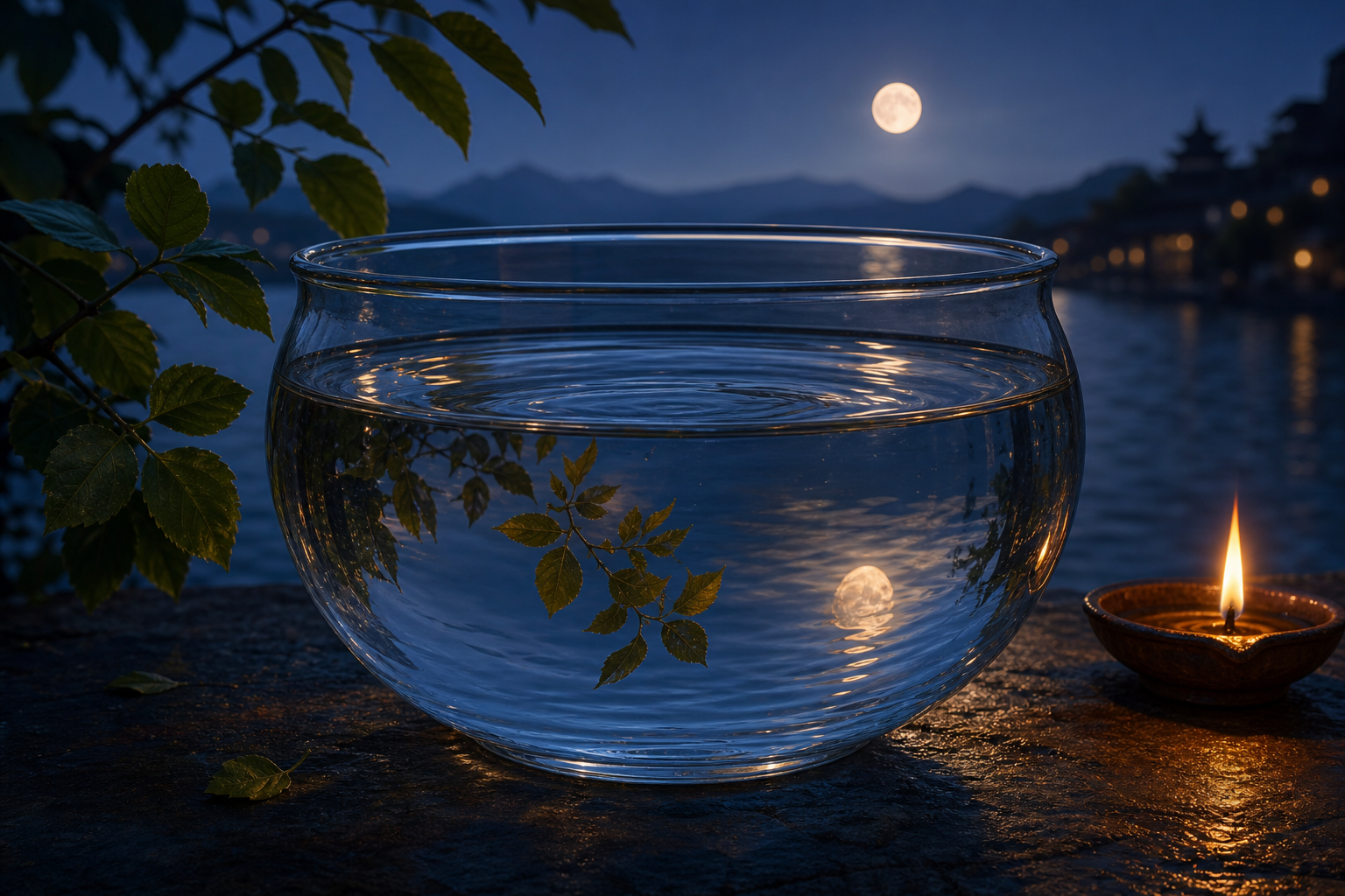 A glass bowl of rippling water reflects the moon, leaves, and the flame of a nearby oil lamp.