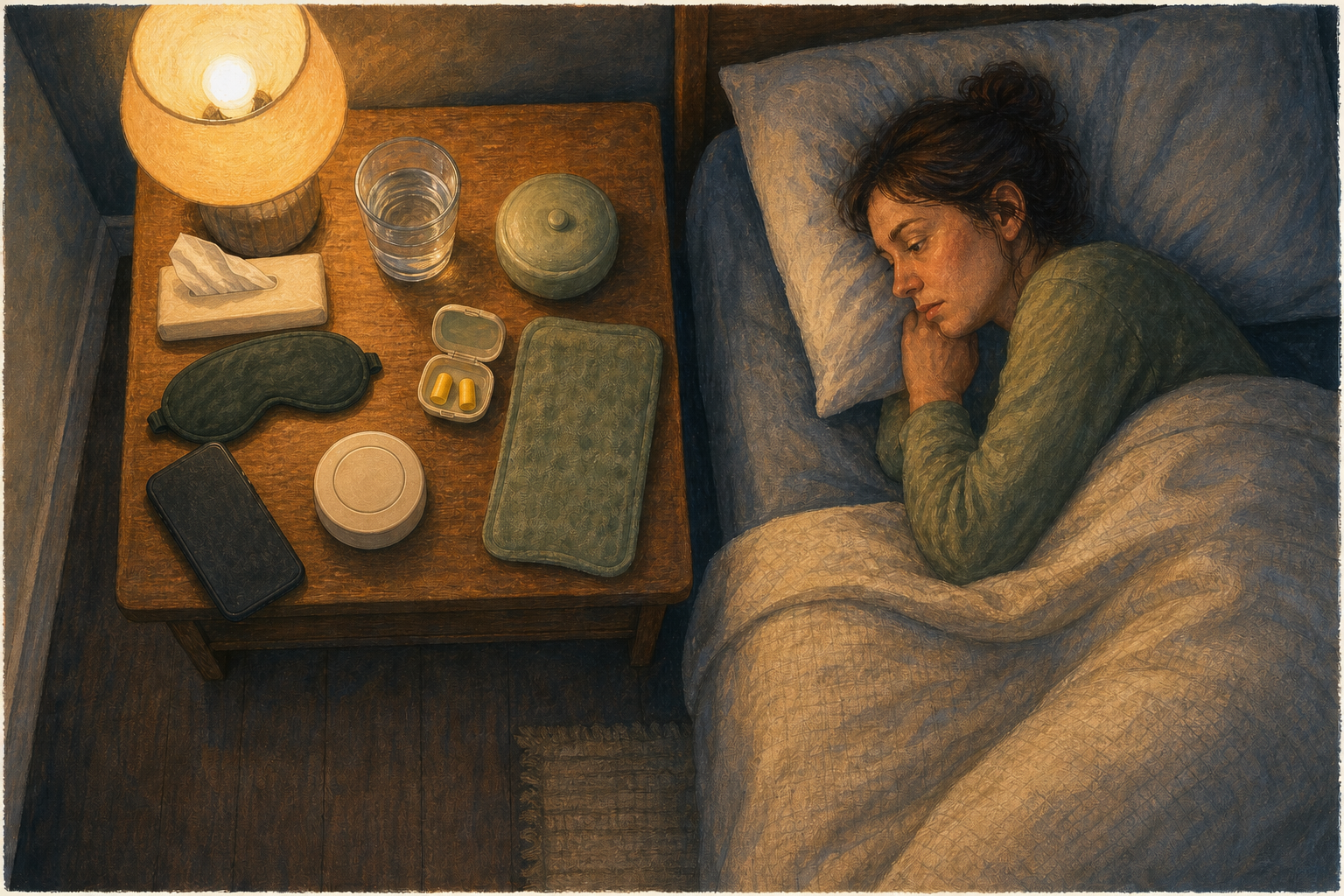 A person settles into bed beside a prepared rest station containing water, a snack, an eye mask, earplugs, tissues, and a heating pad.