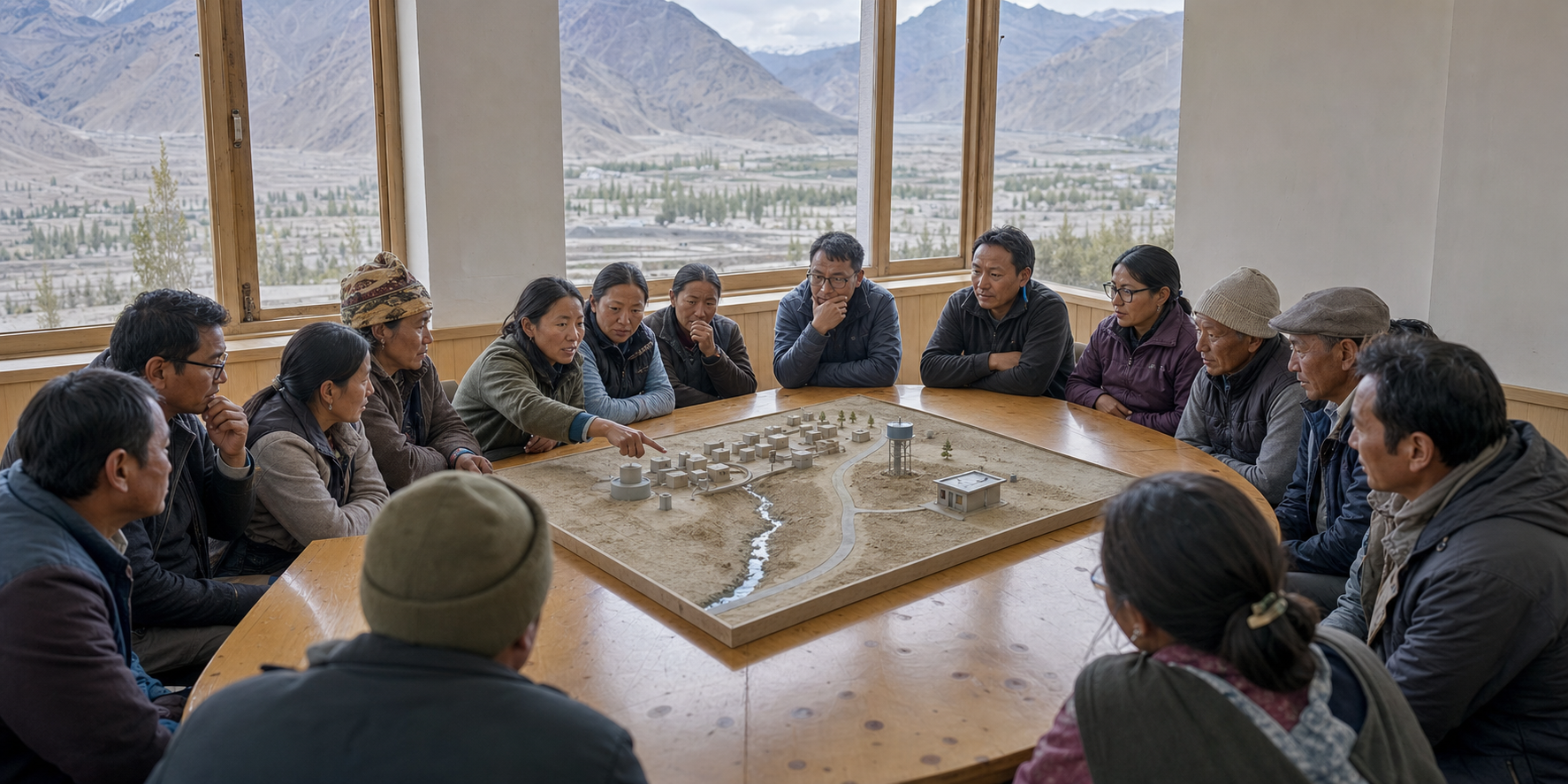 Local representatives and residents discuss a model of village infrastructure inside a council chamber overlooking Ladakh's mountains.