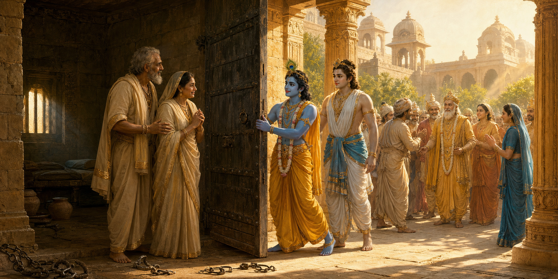Krishna and Balarama release Devaki and Vasudeva as citizens welcome Ugrasena back into the sunlit palace courtyard.