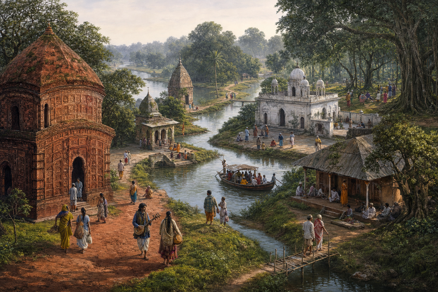 Temples, an ashram, a dargah courtyard, a sacred grove, waterways, and visitors form a varied West Bengal cultural landscape.