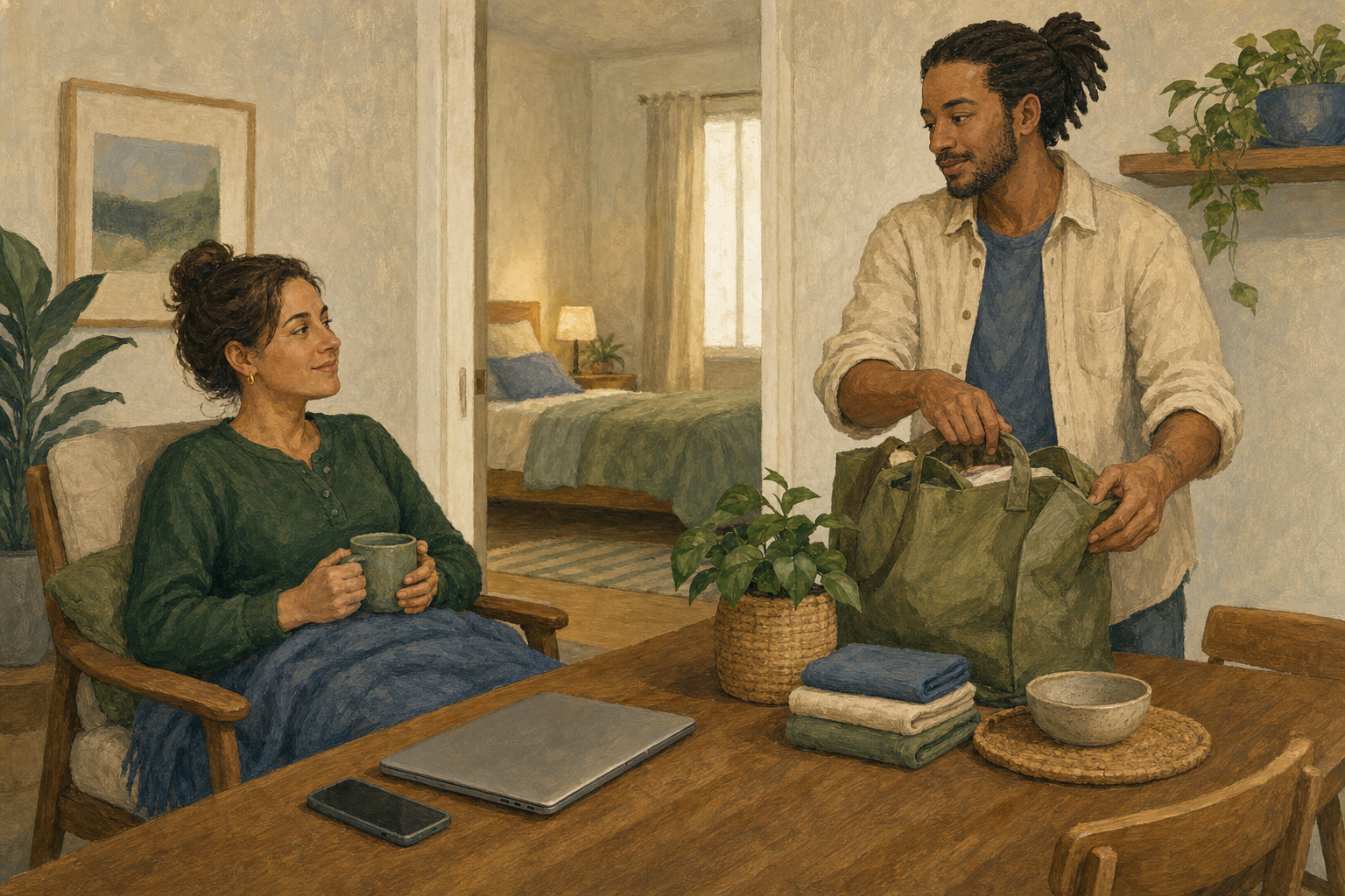 A seated adult with a blanket over their knees shares household items with a supportive person while a closed laptop and phone remain set aside.