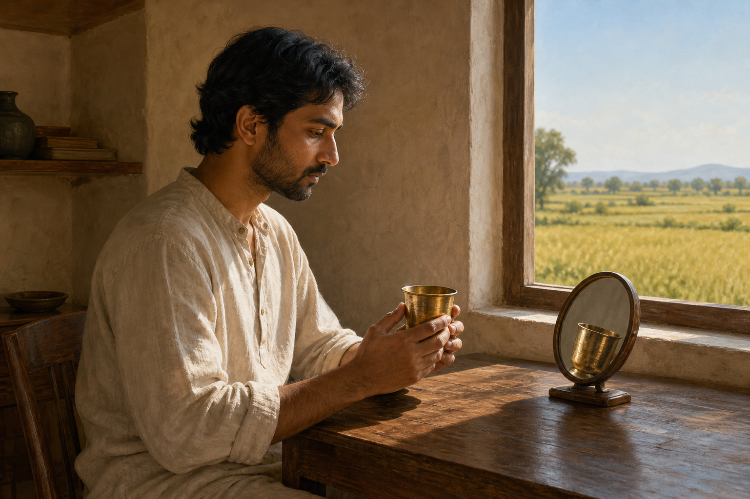 A person seated at a low table studies a brass cup and its reflection beside an open sunlit window.