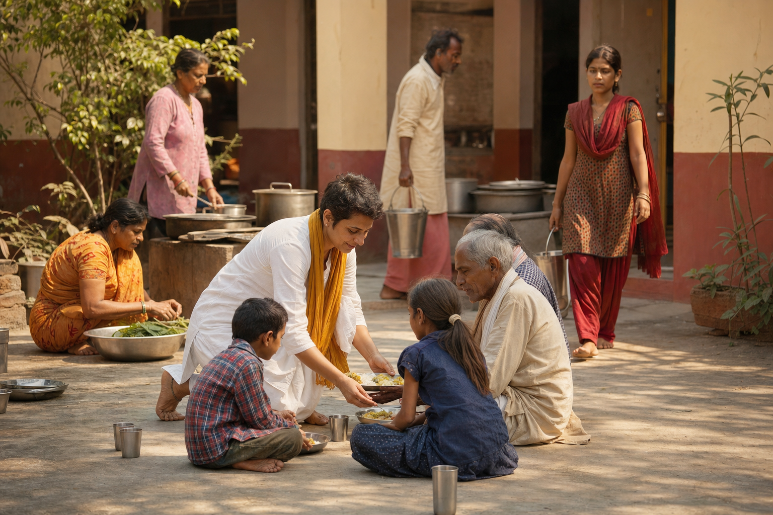 A contemplative practitioner serves food in a community courtyard while other people cook, carry water, and share the meal.