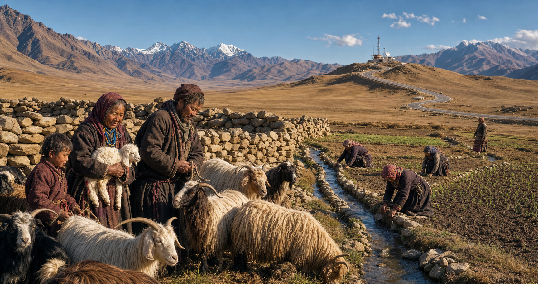 A Ladakhi pastoral family tends goats near fields and an irrigation channel, while a mountain road and remote outpost appear in the distance.