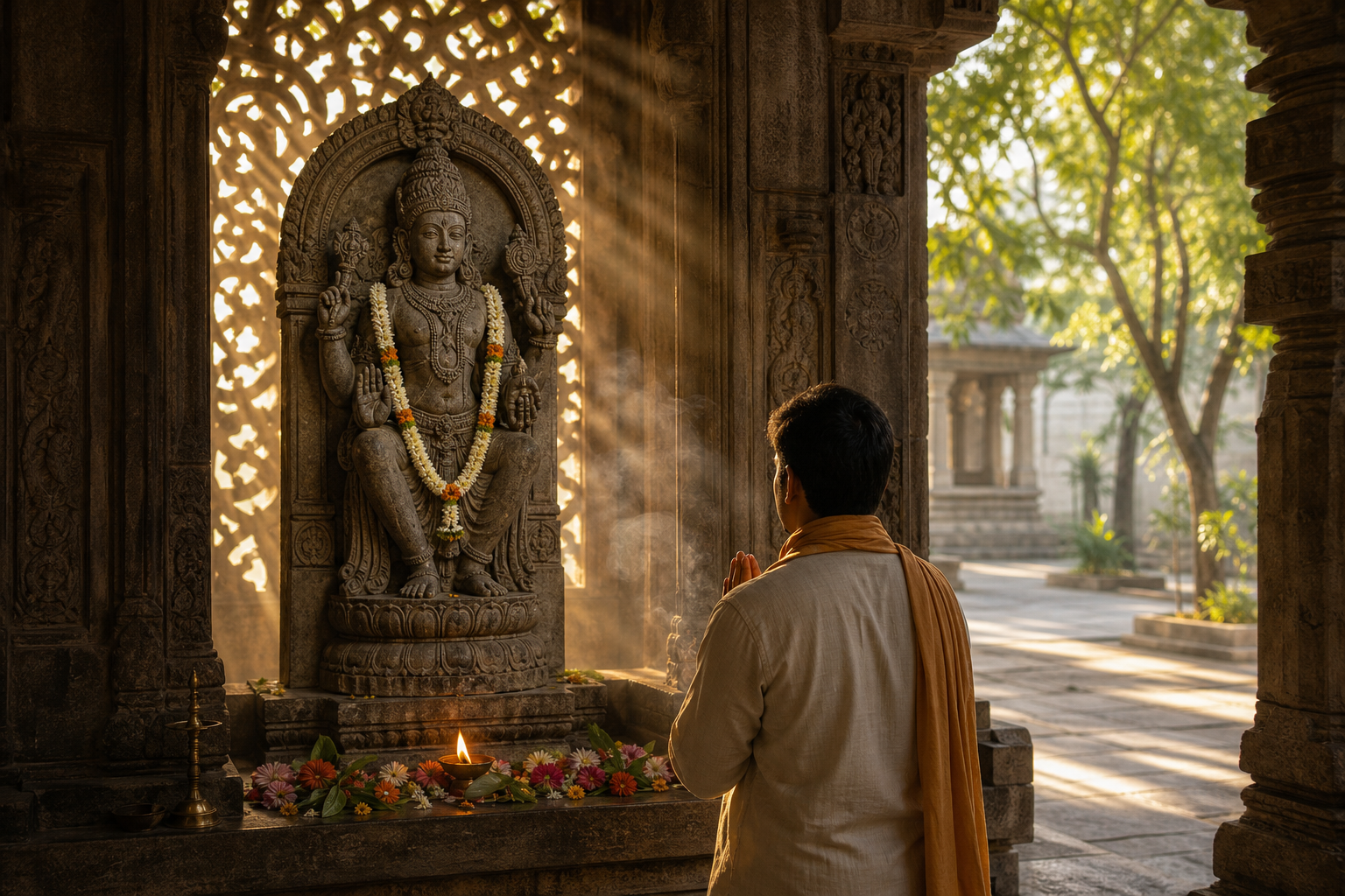 A worshipper with folded hands faces a flower-garlanded stone murti in a temple filled with morning light.